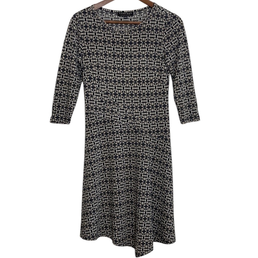 Comrags Dress Womens XS Black Gray Print Stretch Jersey Asymmetrical Knee Length